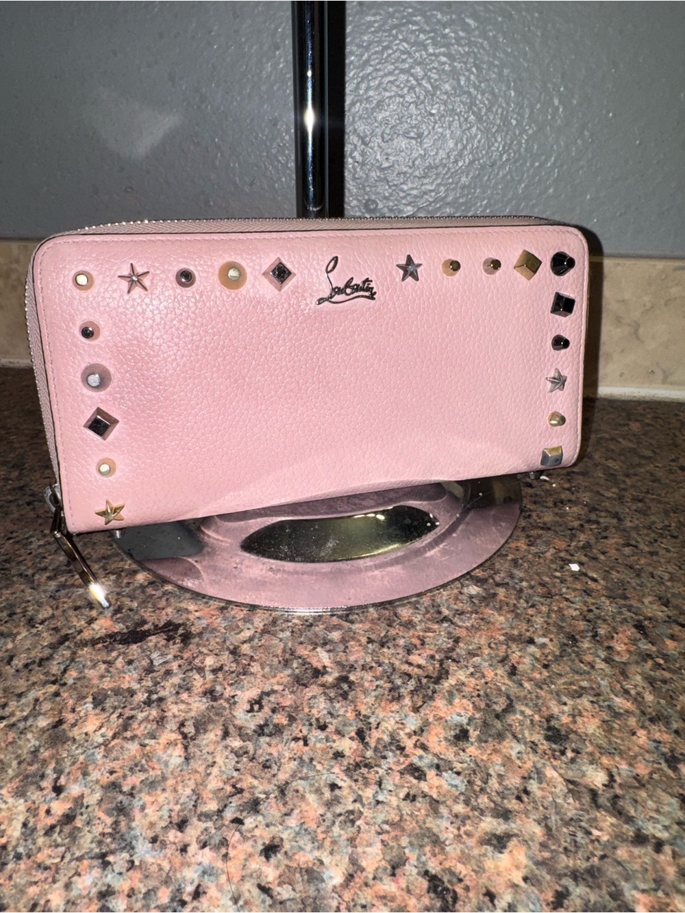 Christian Louboutin Blush Pink Studded Zip Wallet EUC - Picture 1 of 14